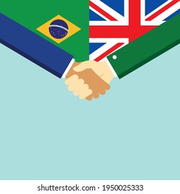 The handshake and two flags Brazil and United Kingdom. Flat style vector illustration.