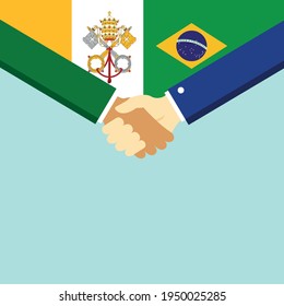 Der Handschlag und zwei Flaggen Brasilien und Vatikan. Flache Vektorgrafik.