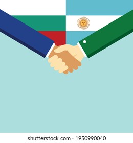 Der Handschlag und zwei Flaggen Bulgarien und Argentinien. Flache Vektorgrafik.