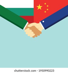 The handshake and two flags Bulgaria and China. Flat style vector illustration.
