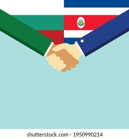 The handshake and two flags Bulgaria and Costa Rica. Flat style vector illustration.