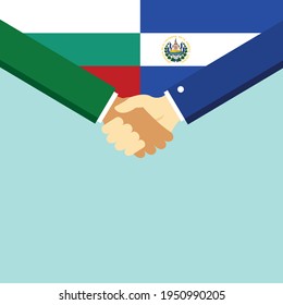 The handshake and two flags Bulgaria and El Salvador. Flat style vector illustration.