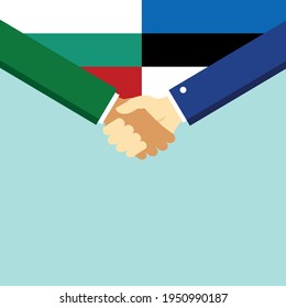 Der Handschlag und zwei Flaggen Bulgarien und Estland. Flache Vektorgrafik.