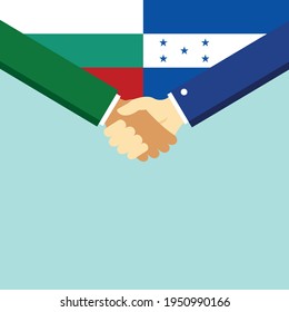 Der Handschlag und zwei Flaggen Bulgarien und Honduras. Flache Vektorgrafik.