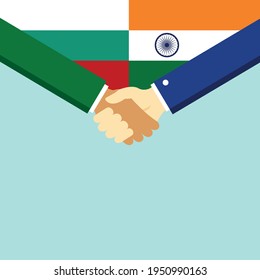 Der Handschlag und zwei Flaggen Bulgarien und Indien. Flache Vektorgrafik.