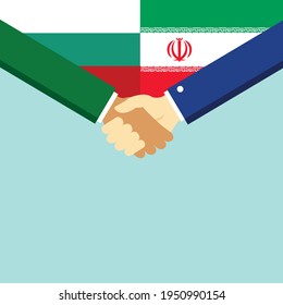 El apretón de manos y dos banderas son Bulgaria e Irán. Ilustración vectorial de estilo plano.