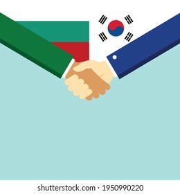 Der Handschlag und zwei Flaggen Bulgarien und Südkorea. Flache Vektorgrafik.