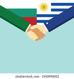 The handshake and two flags Bulgaria and Uruguay. Flat style vector illustration.