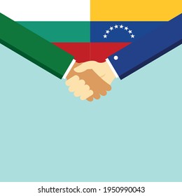 The handshake and two flags Bulgaria and Venezuela. Flat style vector illustration.