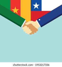 The handshake and two flags Cameroon and Chile. Flat style vector illustration.