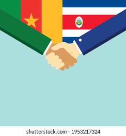 Der Handschlag und zwei Flaggen Kamerun und Costa Rica. Flache Vektorgrafik.