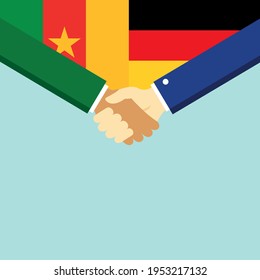 The handshake and two flags Cameroon and Germany. Flat style vector illustration.