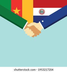 The handshake and two flags Cameroon and Paraguay. Flat style vector illustration.
