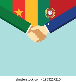 El apretón de manos y dos banderas son Camerún y Portugal. Ilustración vectorial de estilo plano.