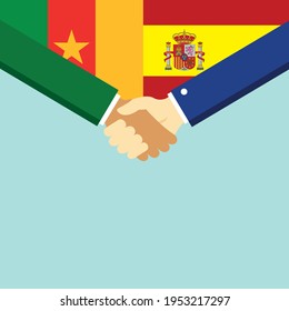 Der Handschlag und zwei Flaggen Kamerun und Spanien. Flache Vektorgrafik.