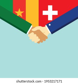 The handshake and two flags Cameroon and Switzerland. Flat style vector illustration.