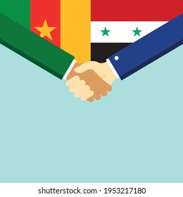The handshake and two flags Cameroon and Syria. Flat style vector illustration.