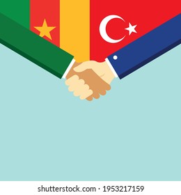 The handshake and two flags Cameroon and Turkey. Flat style vector illustration.