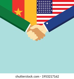 The handshake and two flags Cameroon and USA. Flat style vector illustration.
