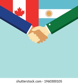 Der Handschlag und zwei Flaggen Kanada und Argentinien. Flache Vektorgrafik.