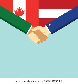 Der Handschlag und zwei Flaggen Kanada und Österreich. Flache Vektorgrafik.