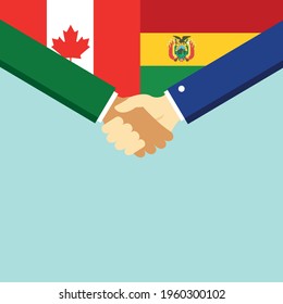 The handshake and two flags Canada and Bolivia. Flat style vector illustration.
