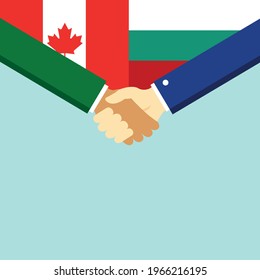 The handshake and two flags Canada and Bulgaria. Flat style vector illustration.