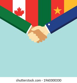 The handshake and two flags Canada and Cameroon. Flat style vector illustration.