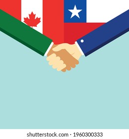 The handshake and two flags Canada and Chile. Flat style vector illustration.