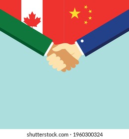 El apretón de manos y dos banderas: Canadá y China. Ilustración vectorial de estilo plano.