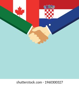 The handshake and two flags Canada and Croatia. Flat style vector illustration.
