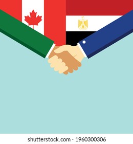 El apretón de manos y dos banderas: Canadá y Egipto. Ilustración vectorial de estilo plano.