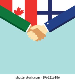 The handshake and two flags Canada and Finland. Flat style vector illustration.