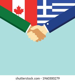 The handshake and two flags Canada and Greece. Flat style vector illustration.
