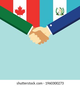 The handshake and two flags Canada and Guatemala. Flat style vector illustration.