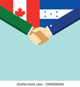 The handshake and two flags Canada and Honduras. Flat style vector illustration.