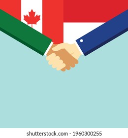 Der Handschlag und zwei Flaggen Kanada und Indonesien. Flache Vektorgrafik.