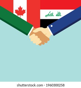 El apretón de manos y dos banderas son Canadá e Irak. Ilustración vectorial de estilo plano.