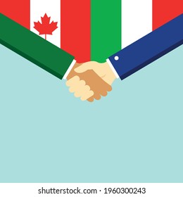 The handshake and two flags Canada and Italy. Flat style vector illustration.