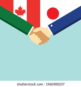 Der Handschlag und zwei Flaggen Kanada und Japan. Flache Vektorgrafik.