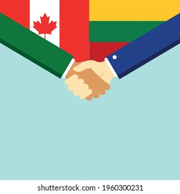 The handshake and two flags Canada and Lithuania. Flat style vector illustration.