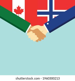 El apretón de manos y dos banderas: Canadá y Noruega. Ilustración vectorial de estilo plano.