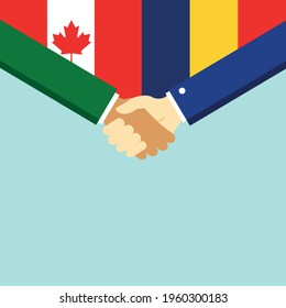 The handshake and two flags Canada and Romania. Flat style vector illustration.