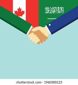 The handshake and two flags Canada and Saudi Arabia. Flat style vector illustration.