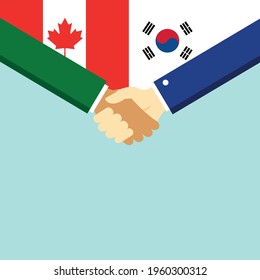 El apretón de manos y dos banderas son Canadá y Corea del Sur. Ilustración vectorial de estilo plano.