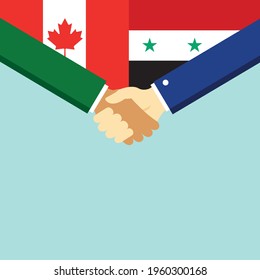 The handshake and two flags Canada and Syria. Flat style vector illustration.