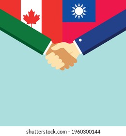 The handshake and two flags Canada and Taiwan. Flat style vector illustration.