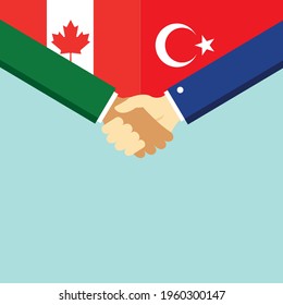 The handshake and two flags Canada and Turkey. Flat style vector illustration.