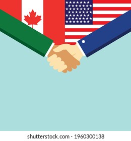 The handshake and two flags Canada and USA. Flat style vector illustration.