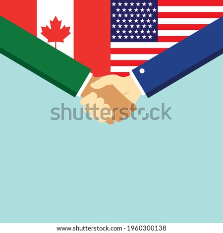 The handshake and two flags Canada and USA. Flat style vector illustration.